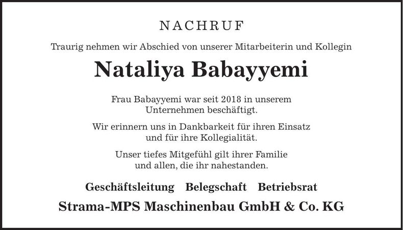 Traueranzeige Nataliya Babayyemi