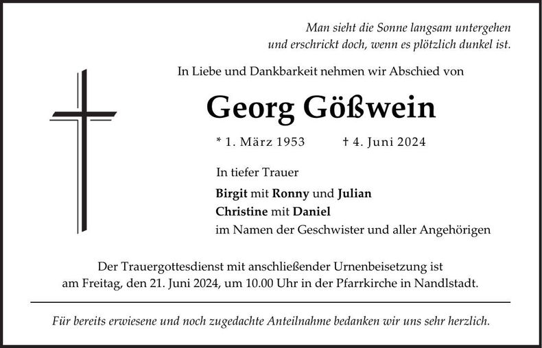 Traueranzeige Georg Gößwein