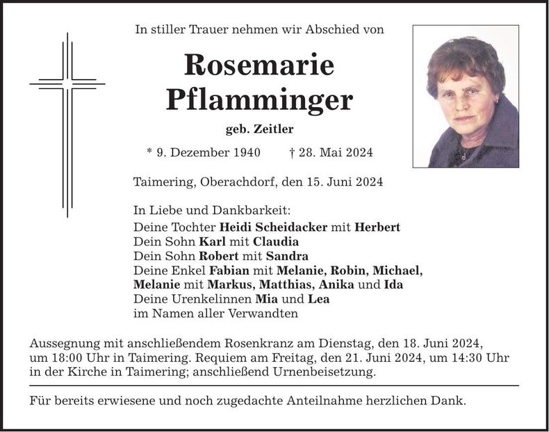 Traueranzeige Rosemarie Pflamminger
