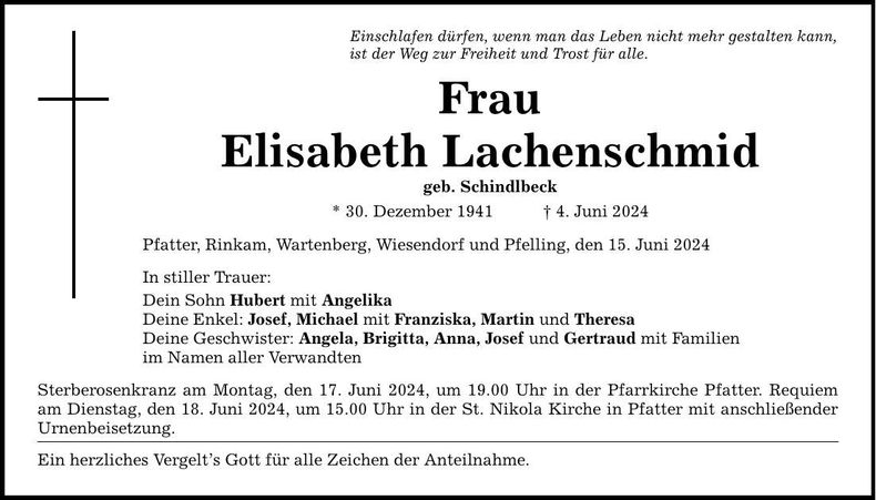 Traueranzeige Elisabeth Lachenschmid