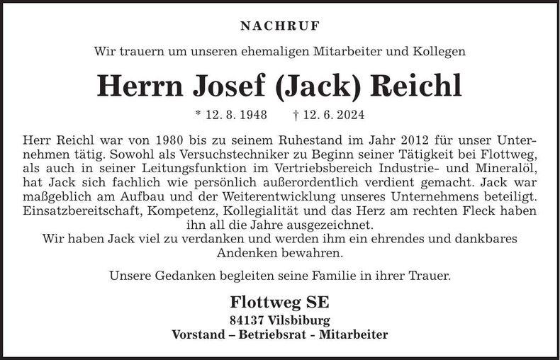 Traueranzeige Josef Reichl