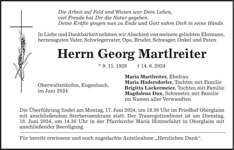 Traueranzeige Georg Martlreiter