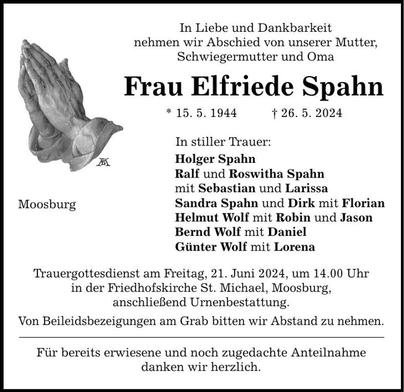 Traueranzeige Elfriede Spahn