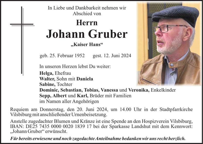 Traueranzeige Johann Gruber