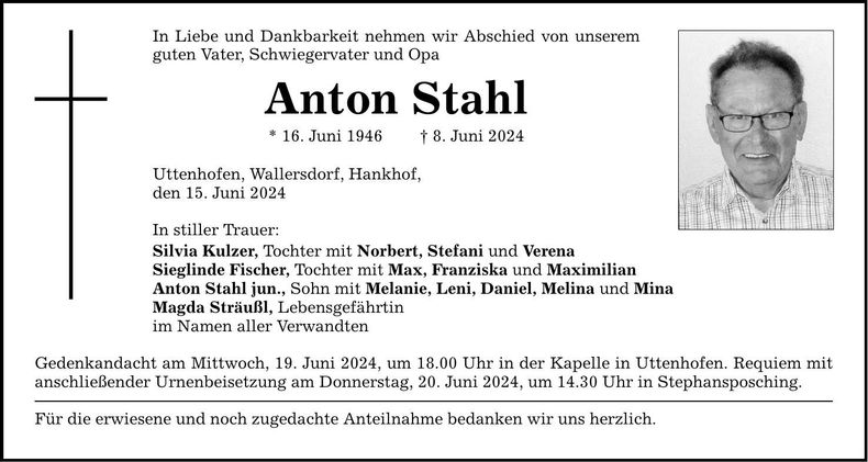 Traueranzeige Anton Stahl
