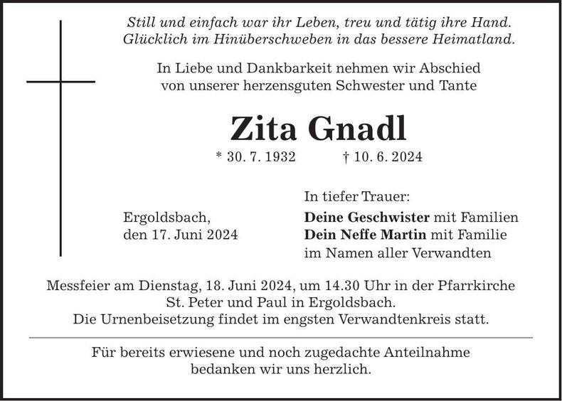 Traueranzeige Zita Gnadl