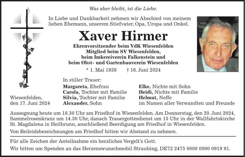 Traueranzeige Xaver Hirmer