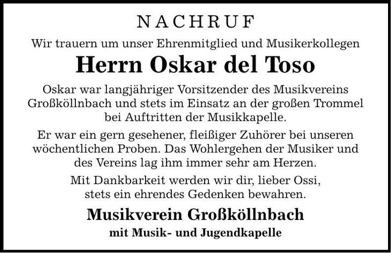 Traueranzeige Oskar del Toso