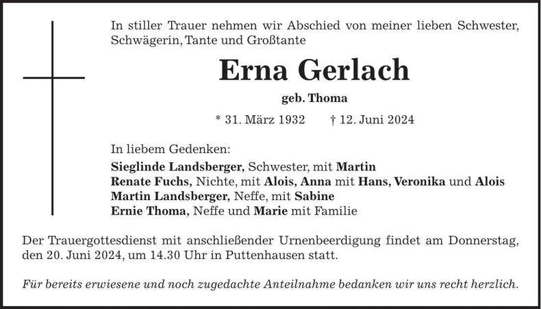 Traueranzeige Ernestine Gerlach