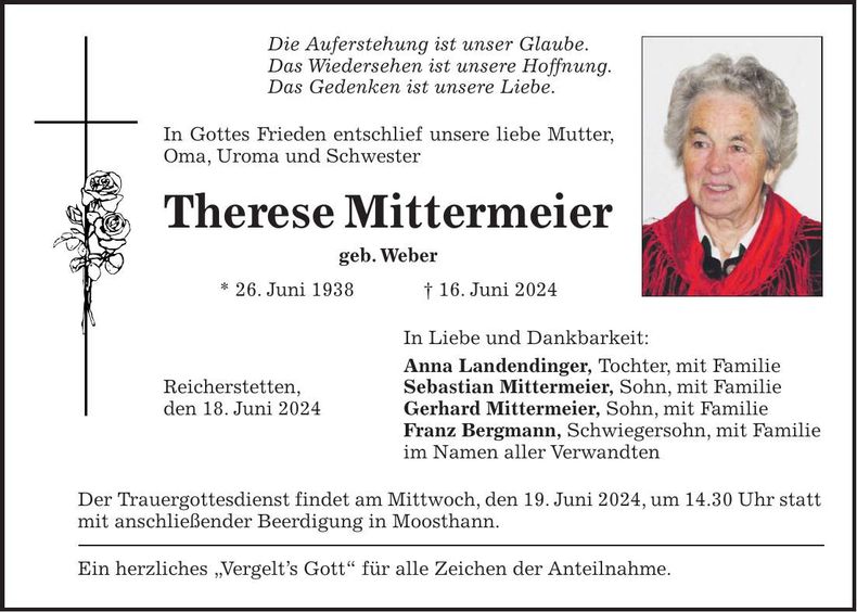 Traueranzeige Therese Mittermeier