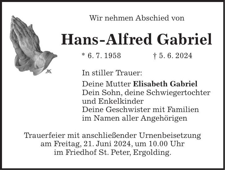 Traueranzeige Hans-Alfred Gabriel