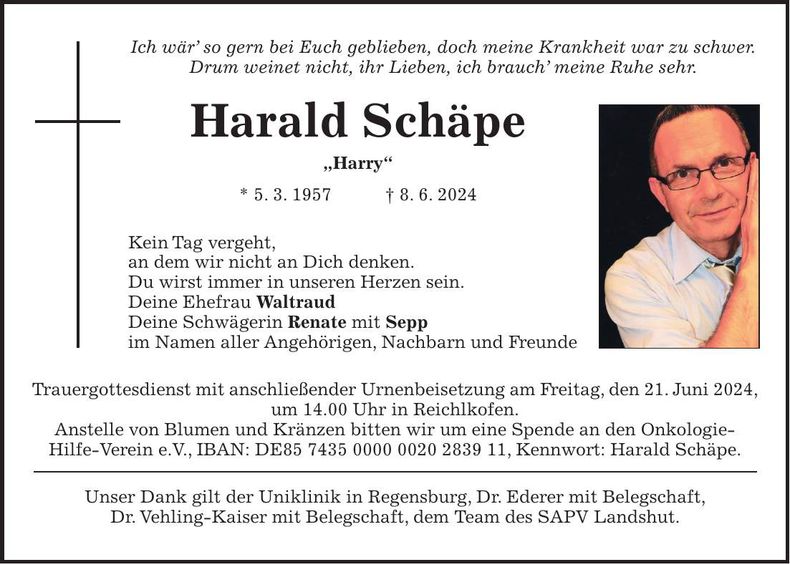 Traueranzeige Harald Schäpe