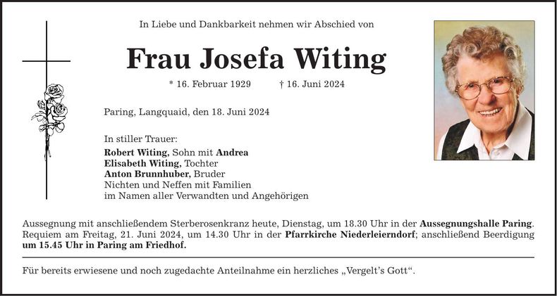 Traueranzeige Josefa Witing