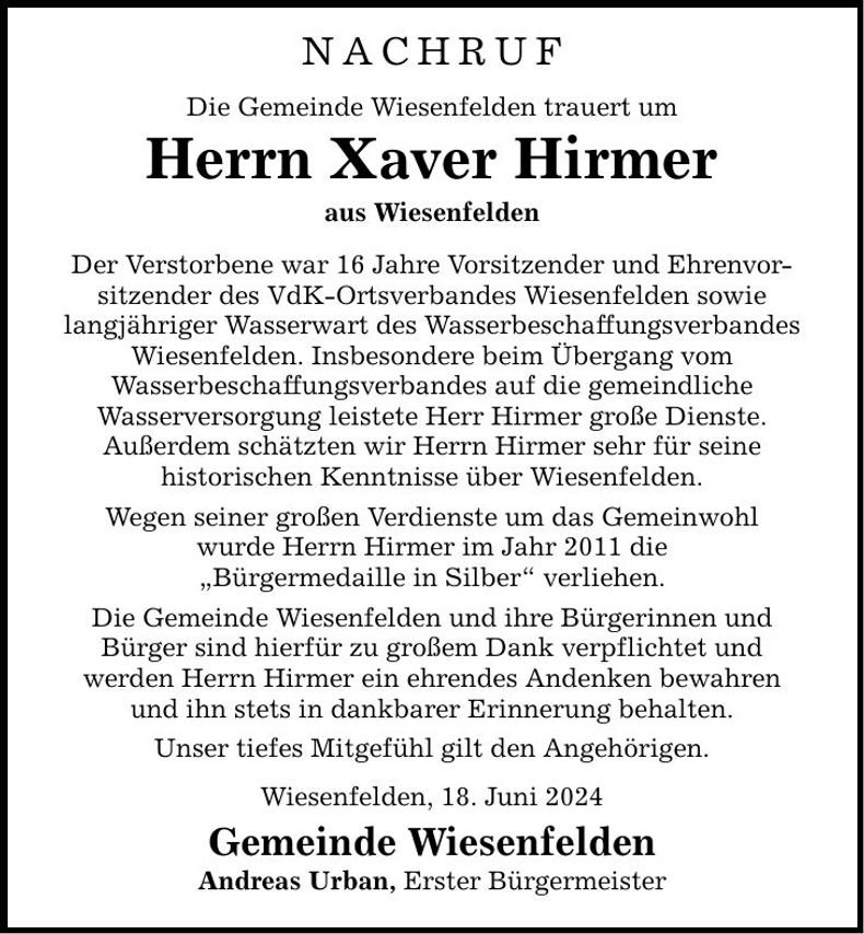 Traueranzeige Xaver Hirmer