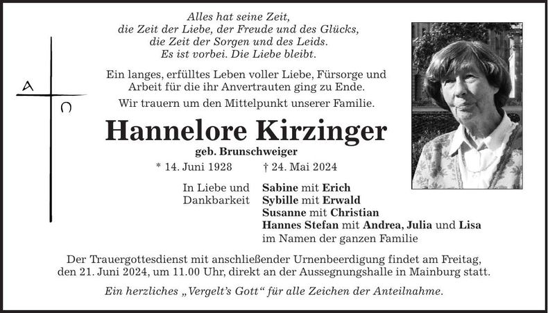 Traueranzeige Hannelore Kirzinger