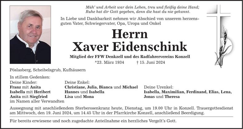 Traueranzeige Xaver Eidenschink