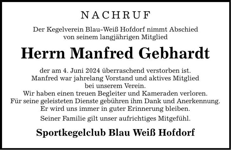 Traueranzeige Manfred Gebhardt
