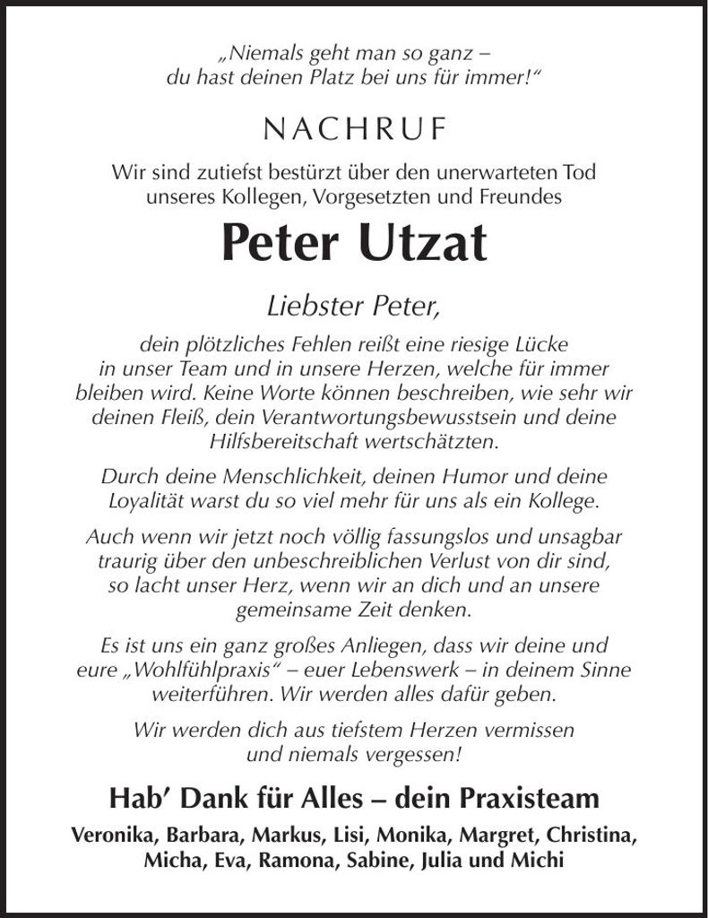 Traueranzeige Peter Utzat