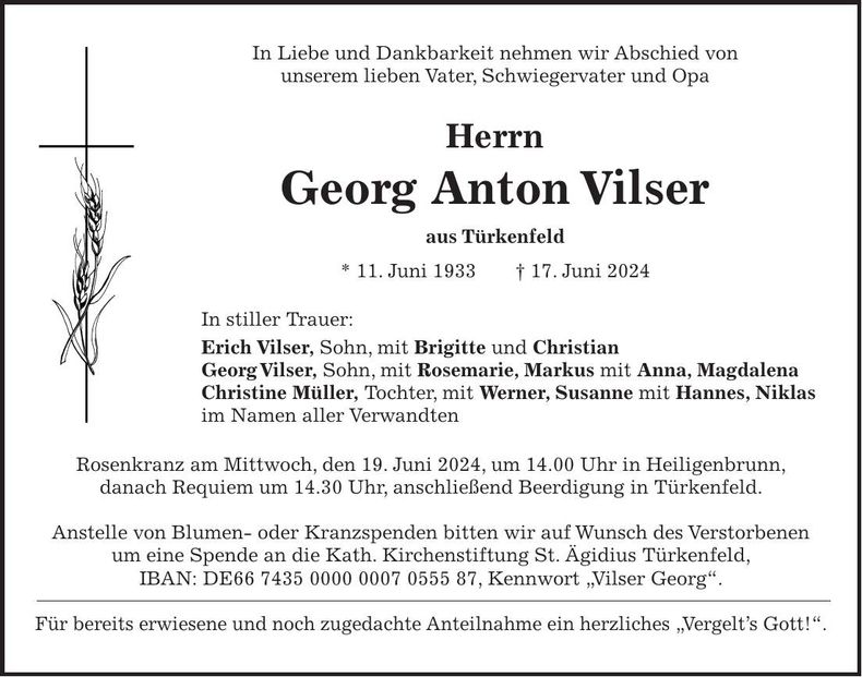 Traueranzeige Georg  Anton Vilse