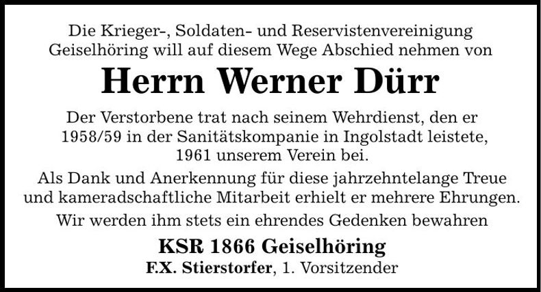 Traueranzeige Werner Dürr