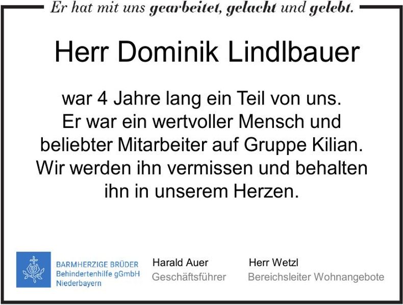 Traueranzeige Dominik Lindlbauer