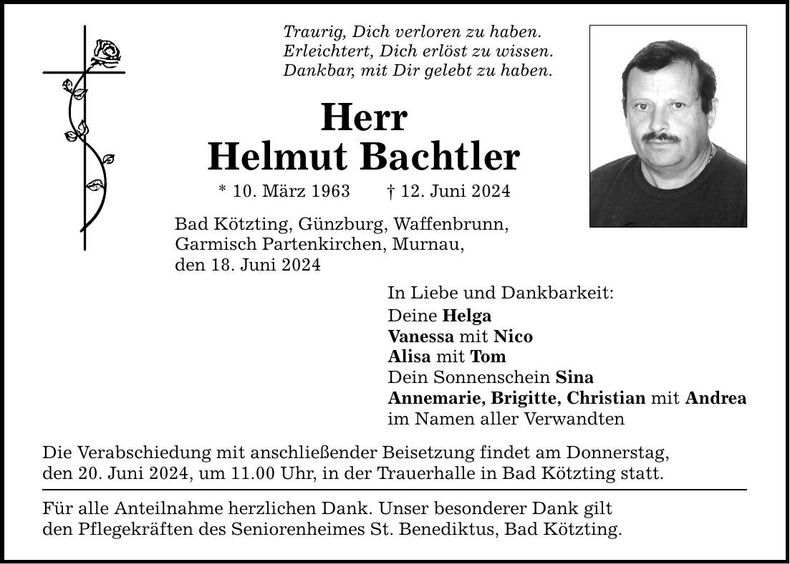 Traueranzeige Helmut Bachtler