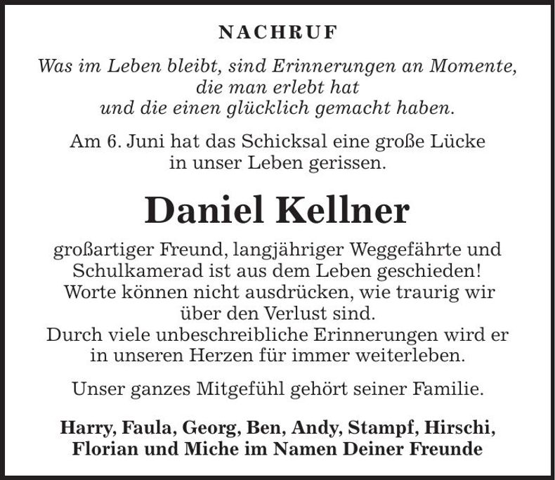 Traueranzeige Daniel Kellner