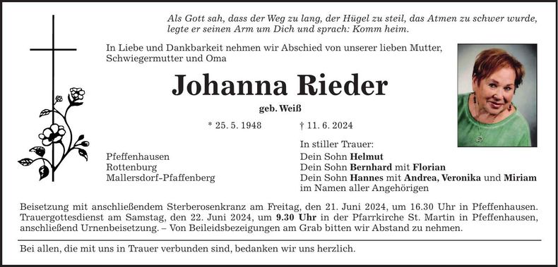 Traueranzeige Johanna Rieder