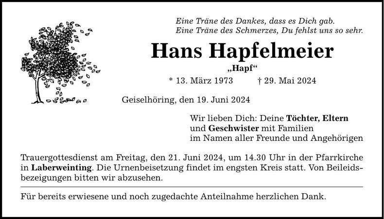 Traueranzeige Hans Hapfelmeier