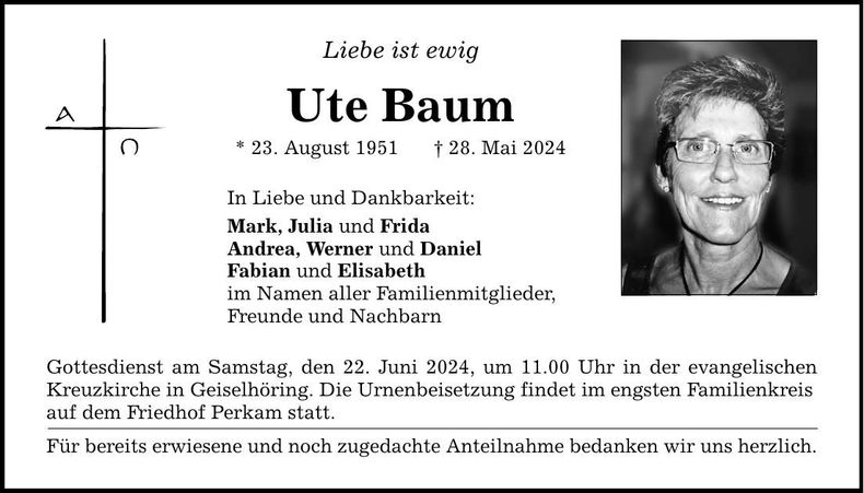 Traueranzeige Ute Baum