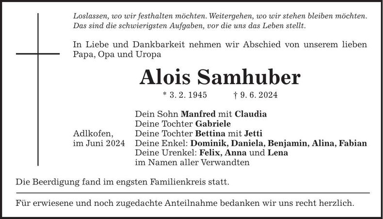 Traueranzeige Alois Samhuber