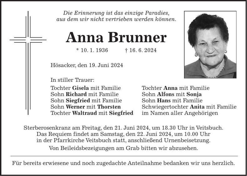 Traueranzeige Anna Bauer