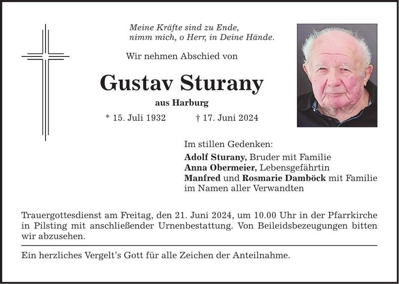 Traueranzeige Gustav Sturany