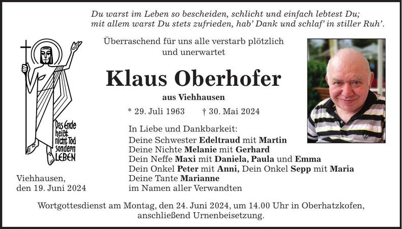 Traueranzeige Klaus Oberhofer