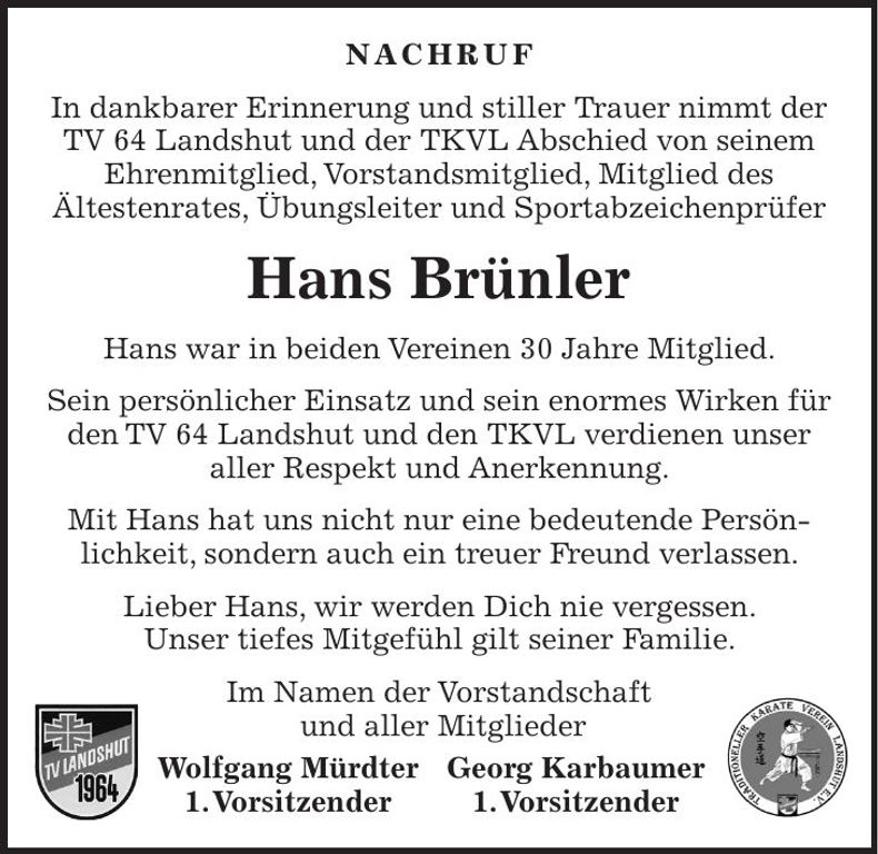 Traueranzeige Hans Brünler