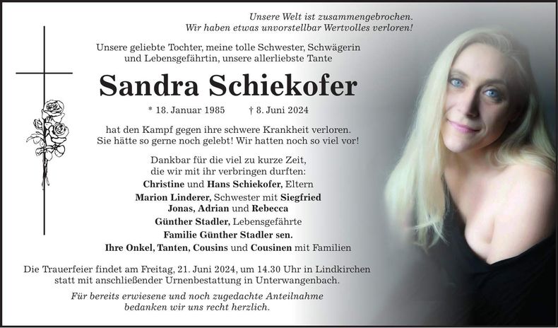 Traueranzeige Sandra Schiekofer