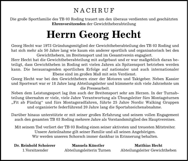 Traueranzeige Georg Hecht