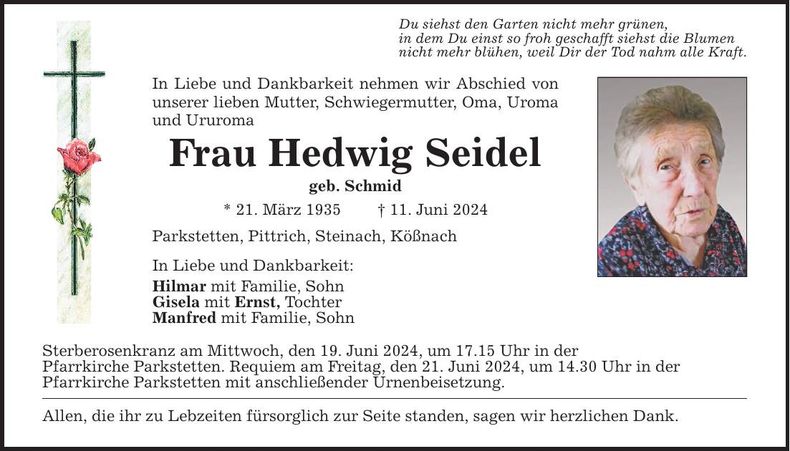 Traueranzeige Hedwig Seidel