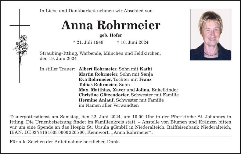 Traueranzeige Anna Rohrmeier