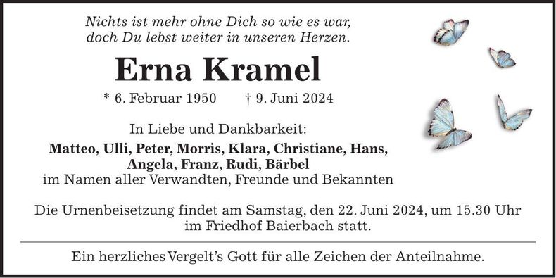 Traueranzeige Erna Kramel