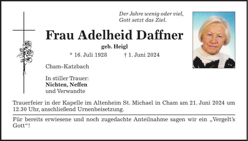 Traueranzeige Adelheid Daffner