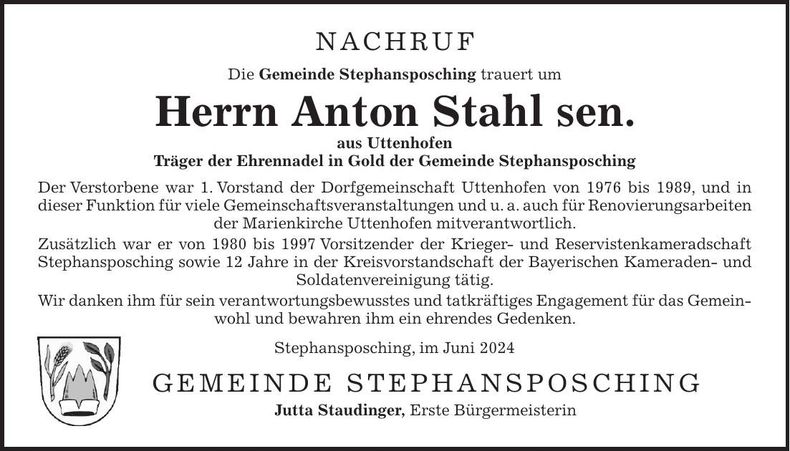 Traueranzeige Anton Stahl sen.