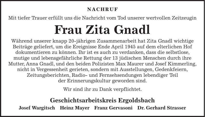 Traueranzeige Zita Gnald