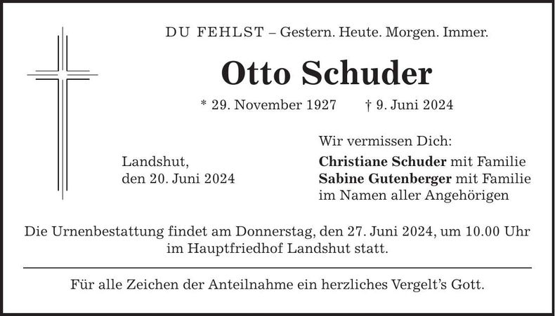 Traueranzeige Otto Schuder
