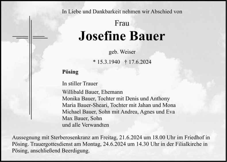 Traueranzeige Josefine Bauer