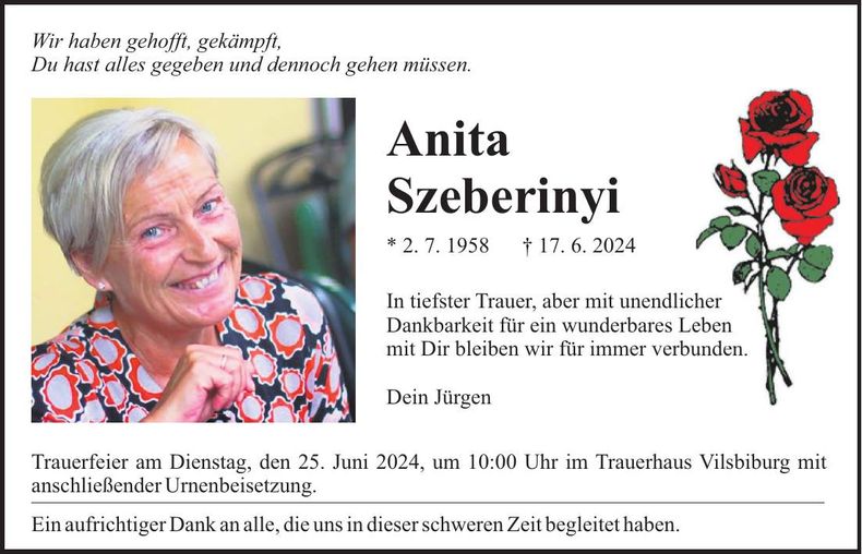 Traueranzeige Anita Szeberinyi