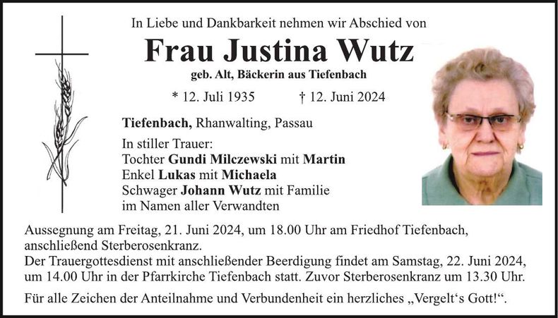 Traueranzeige Justina Wutz