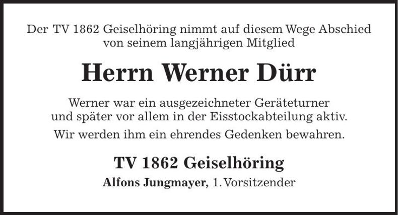 Traueranzeige Werner Dürr