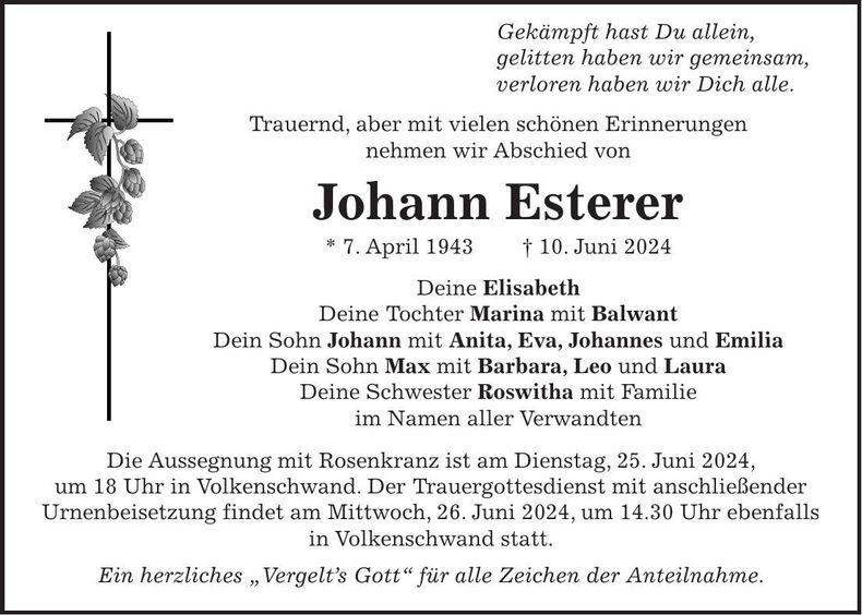 Traueranzeige Johann Esterer