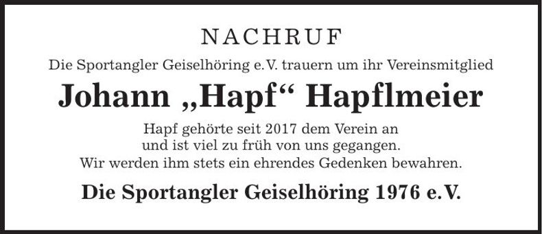 Traueranzeige Johann Hapflmeier